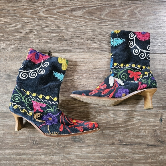 Colorful Rainbow Embroidered Maximalist Funky Gnarly Kitten Heel Boots - Picture 2 of 9